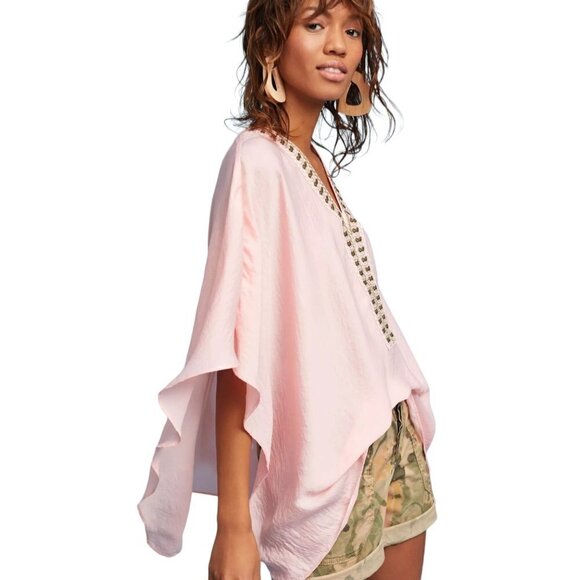 Anthropologie June Embroidered Floral & Cranes Pink Top One Size Flare Sleeves - Picture 12 of 14